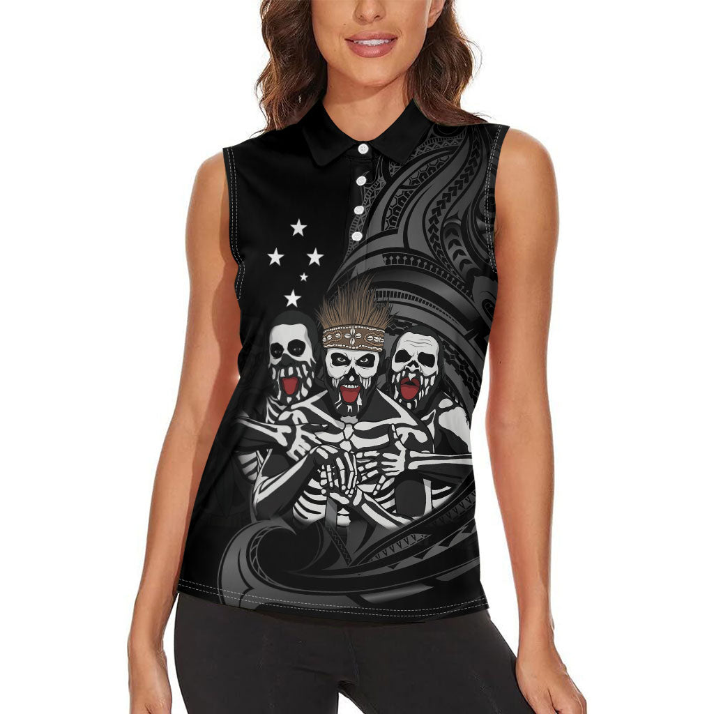Skeleton Tribe Simbu Province Women Sleeveless Polo Shirt Papua New Guinea Indigenous Pattern LT9 - Polynesian Pride