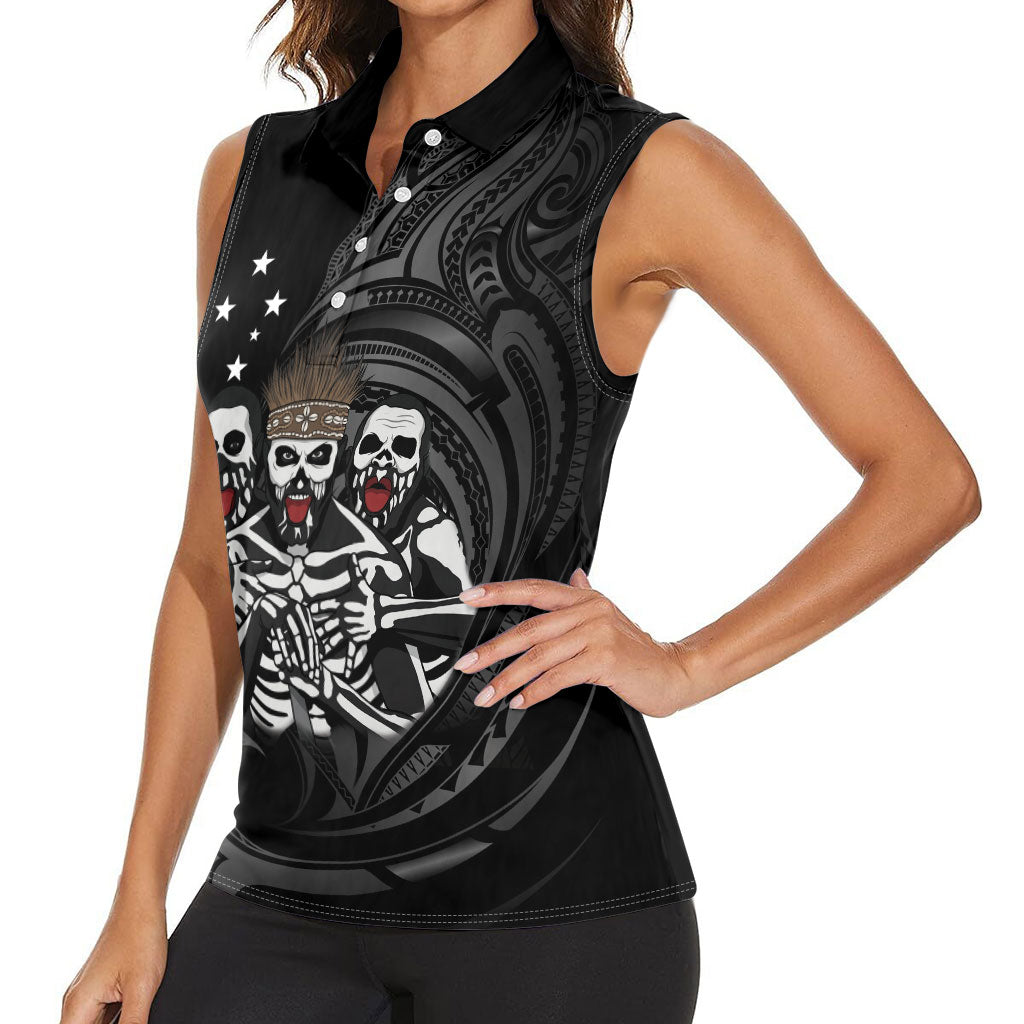 Skeleton Tribe Simbu Province Women Sleeveless Polo Shirt Papua New Guinea Indigenous Pattern LT9 - Polynesian Pride