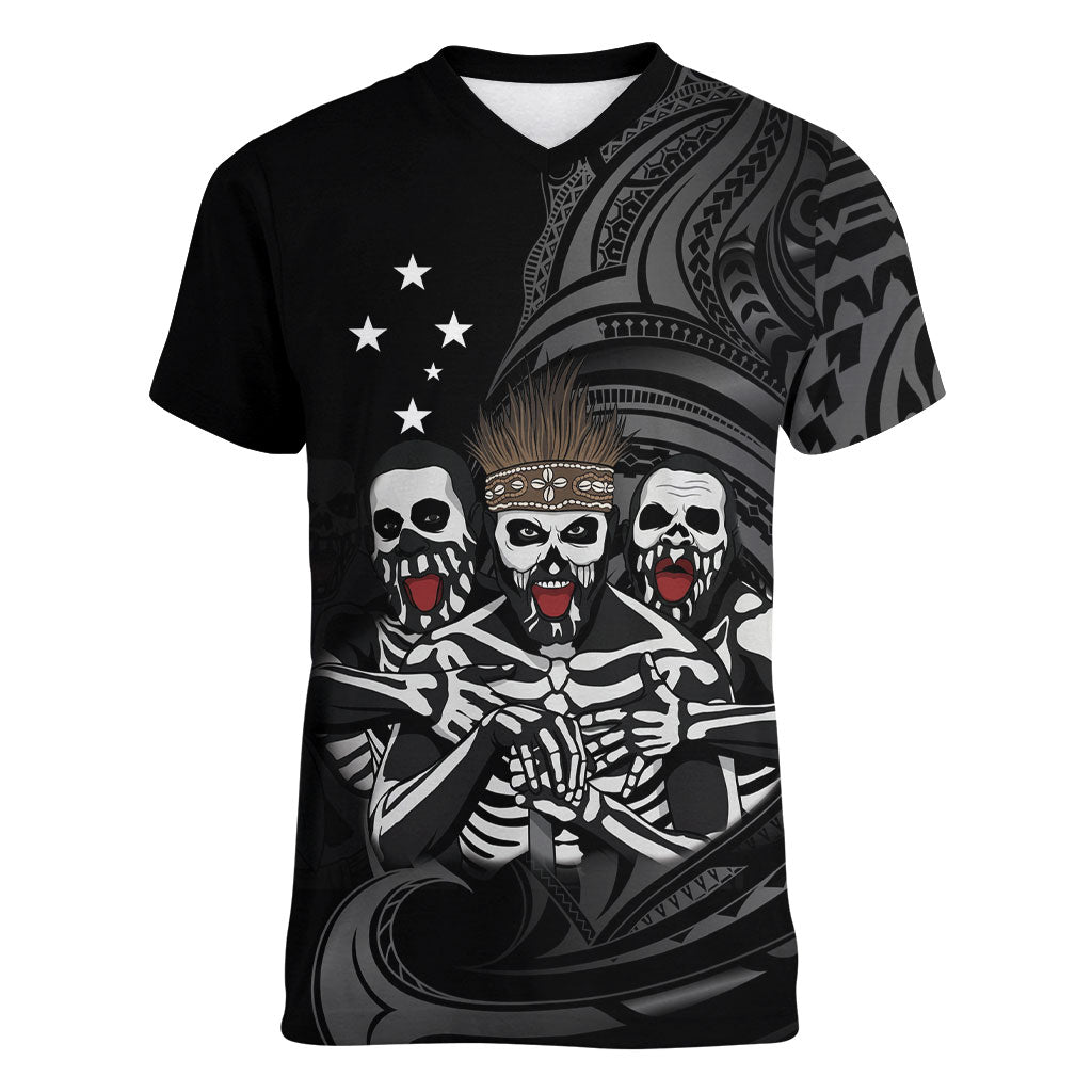 Skeleton Tribe Simbu Province Women V-Neck T-Shirt Papua New Guinea Indigenous Pattern LT9 Female Black - Polynesian Pride