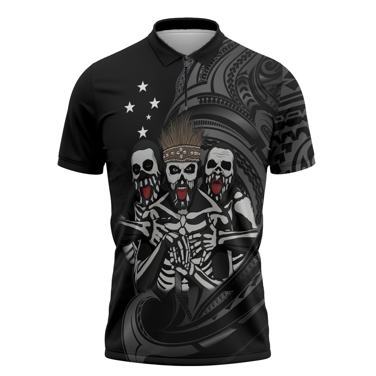 Skeleton Tribe Simbu Province Zipper Polo Shirt Papua New Guinea Indigenous Pattern LT9 Black - Polynesian Pride