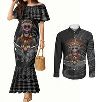 Mokomoko Tribe Eastern Highlands Province Couples Matching Mermaid Dress and Long Sleeve Button Shirt Papua New Guinea Indigenous Pattern LT9 Black - Polynesian Pride