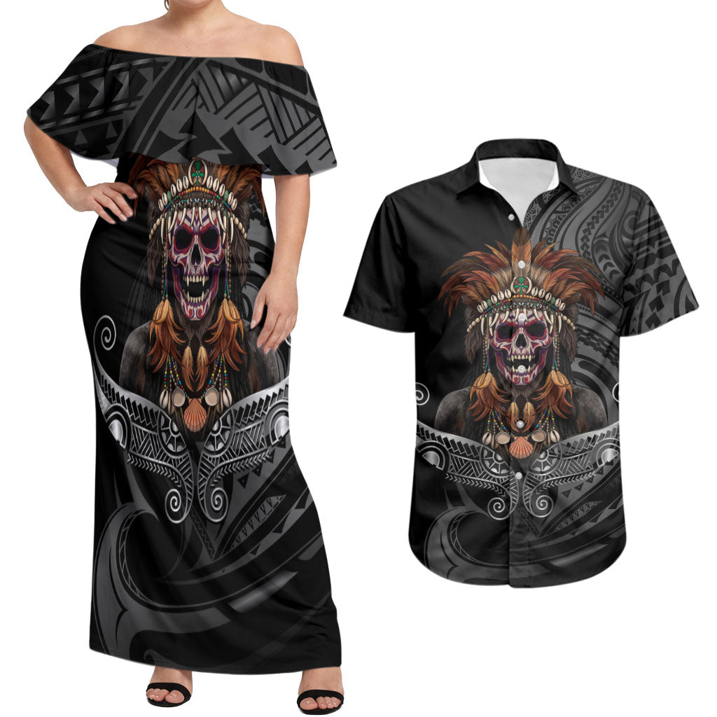 Mokomoko Tribe Eastern Highlands Province Couples Matching Off Shoulder Maxi Dress and Hawaiian Shirt Papua New Guinea Indigenous Pattern LT9 Black - Polynesian Pride