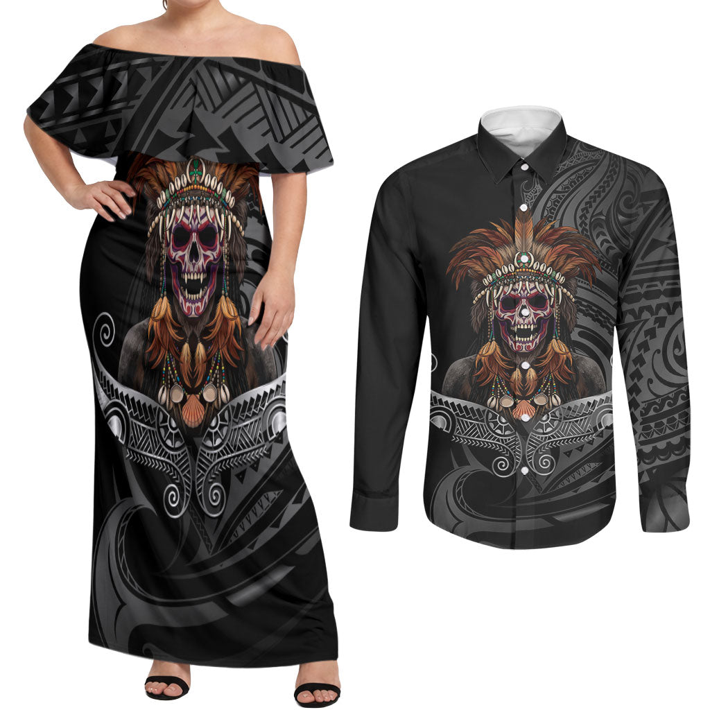 Mokomoko Tribe Eastern Highlands Province Couples Matching Off Shoulder Maxi Dress and Long Sleeve Button Shirt Papua New Guinea Indigenous Pattern LT9 Black - Polynesian Pride