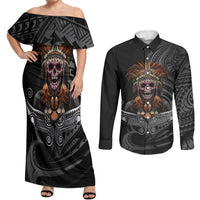 Mokomoko Tribe Eastern Highlands Province Couples Matching Off Shoulder Maxi Dress and Long Sleeve Button Shirt Papua New Guinea Indigenous Pattern LT9 Black - Polynesian Pride