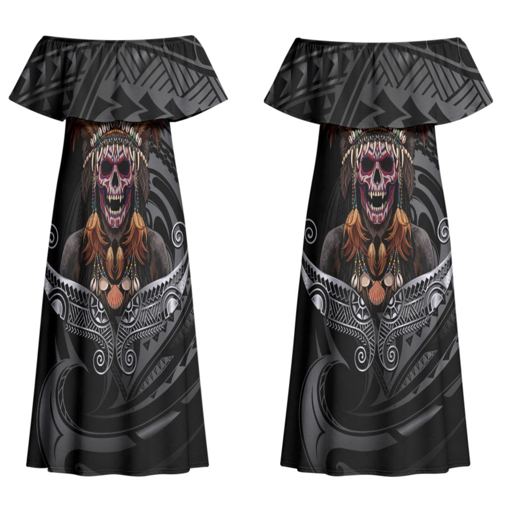 Mokomoko Tribe Eastern Highlands Province Couples Matching Off Shoulder Maxi Dress and Long Sleeve Button Shirt Papua New Guinea Indigenous Pattern LT9 - Polynesian Pride
