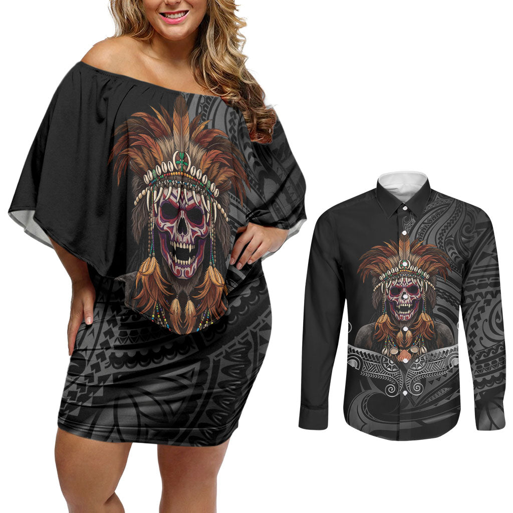 Mokomoko Tribe Eastern Highlands Province Couples Matching Off Shoulder Short Dress and Long Sleeve Button Shirt Papua New Guinea Indigenous Pattern LT9 Black - Polynesian Pride
