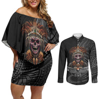Mokomoko Tribe Eastern Highlands Province Couples Matching Off Shoulder Short Dress and Long Sleeve Button Shirt Papua New Guinea Indigenous Pattern LT9 Black - Polynesian Pride