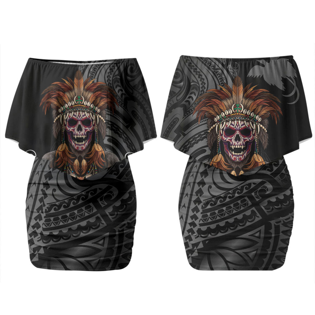 Mokomoko Tribe Eastern Highlands Province Couples Matching Off Shoulder Short Dress and Long Sleeve Button Shirt Papua New Guinea Indigenous Pattern LT9 - Polynesian Pride