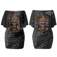 Mokomoko Tribe Eastern Highlands Province Couples Matching Off Shoulder Short Dress and Long Sleeve Button Shirt Papua New Guinea Indigenous Pattern LT9 - Polynesian Pride