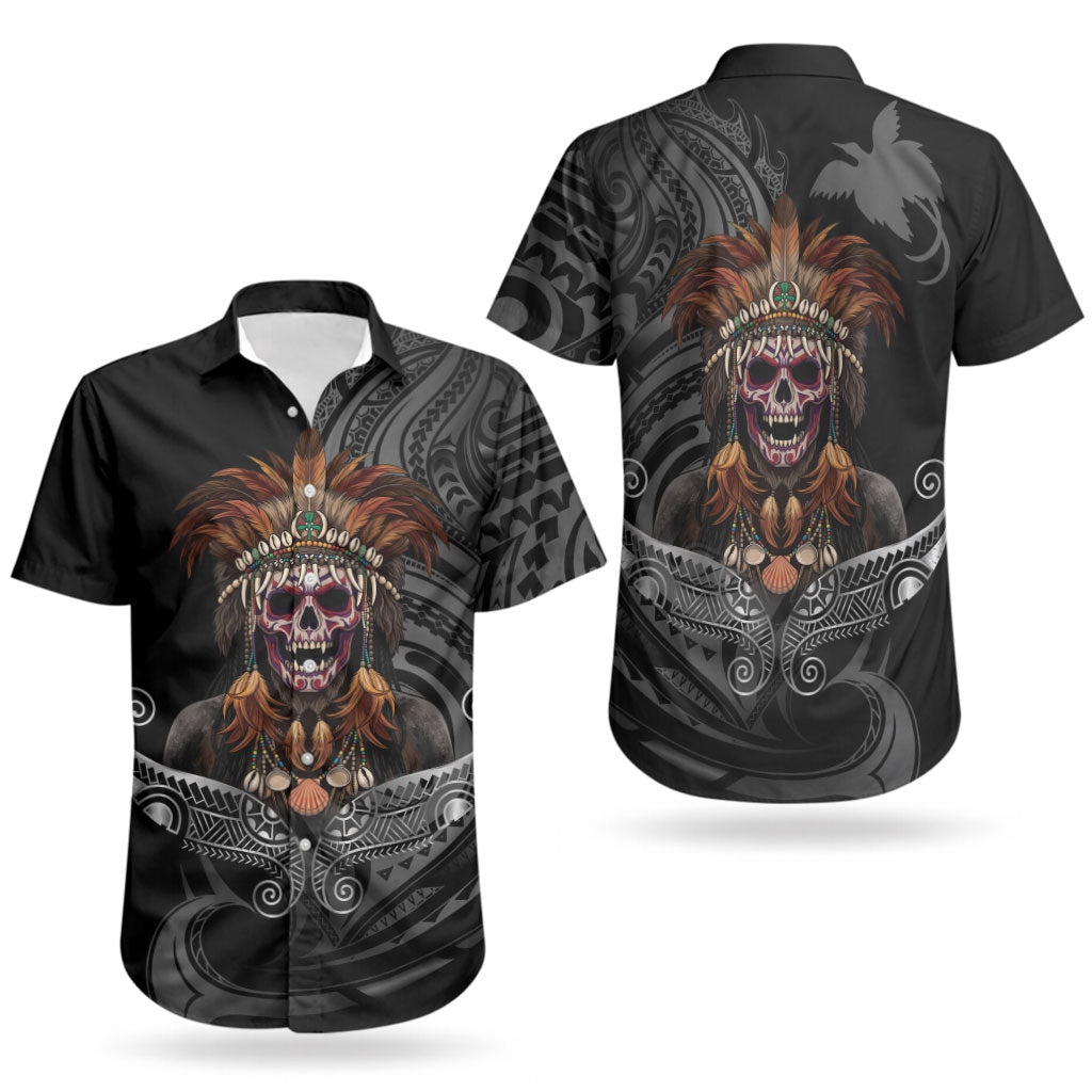 Mokomoko Tribe Eastern Highlands Province Couples Matching Off The Shoulder Long Sleeve Dress and Hawaiian Shirt Papua New Guinea Indigenous Pattern LT9 - Polynesian Pride