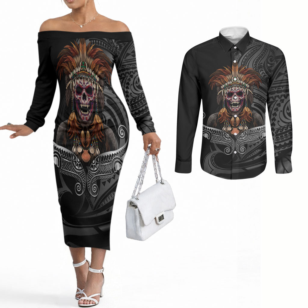 Mokomoko Tribe Eastern Highlands Province Couples Matching Off The Shoulder Long Sleeve Dress and Long Sleeve Button Shirt Papua New Guinea Indigenous Pattern LT9 Black - Polynesian Pride