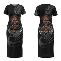 Mokomoko Tribe Eastern Highlands Province Couples Matching Short Sleeve Bodycon Dress and Long Sleeve Button Shirt Papua New Guinea Indigenous Pattern LT9 - Polynesian Pride