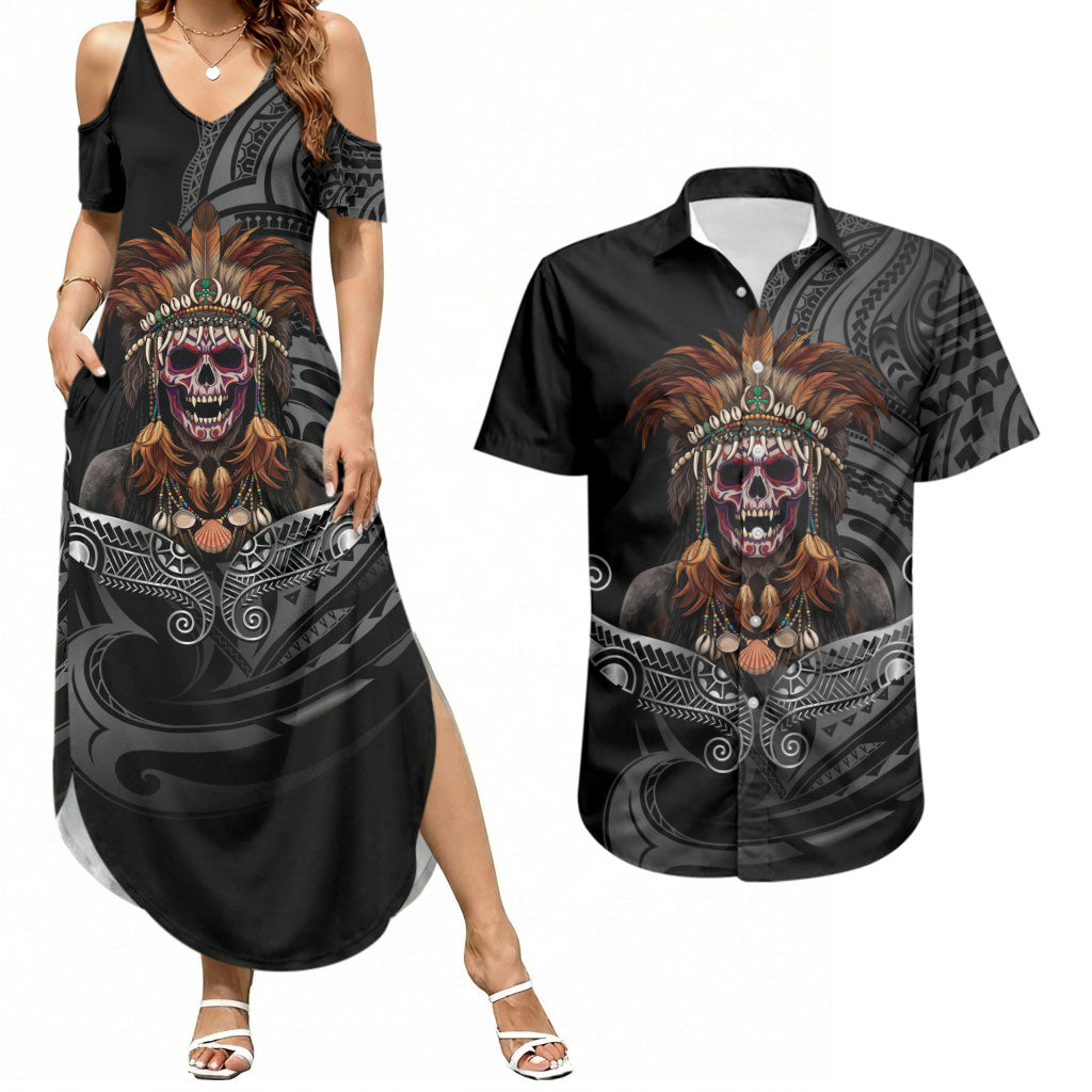 Mokomoko Tribe Eastern Highlands Province Couples Matching Summer Maxi Dress and Hawaiian Shirt Papua New Guinea Indigenous Pattern LT9 Black - Polynesian Pride