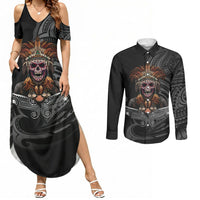 Mokomoko Tribe Eastern Highlands Province Couples Matching Summer Maxi Dress and Long Sleeve Button Shirt Papua New Guinea Indigenous Pattern LT9 Black - Polynesian Pride
