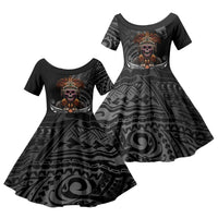 Mokomoko Tribe Eastern Highlands Province Family Matching Off Shoulder Short Dress and Hawaiian Shirt Papua New Guinea Indigenous Pattern LT9 Daughter's Dress Black - Polynesian Pride