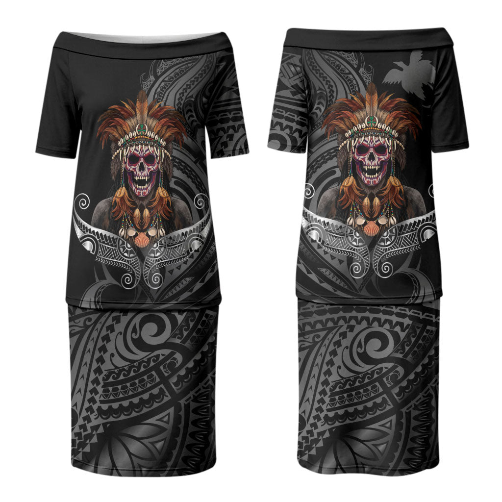 Mokomoko Tribe Eastern Highlands Province Family Matching Puletasi and Hawaiian Shirt Papua New Guinea Indigenous Pattern LT9 Mom's Dress Black - Polynesian Pride