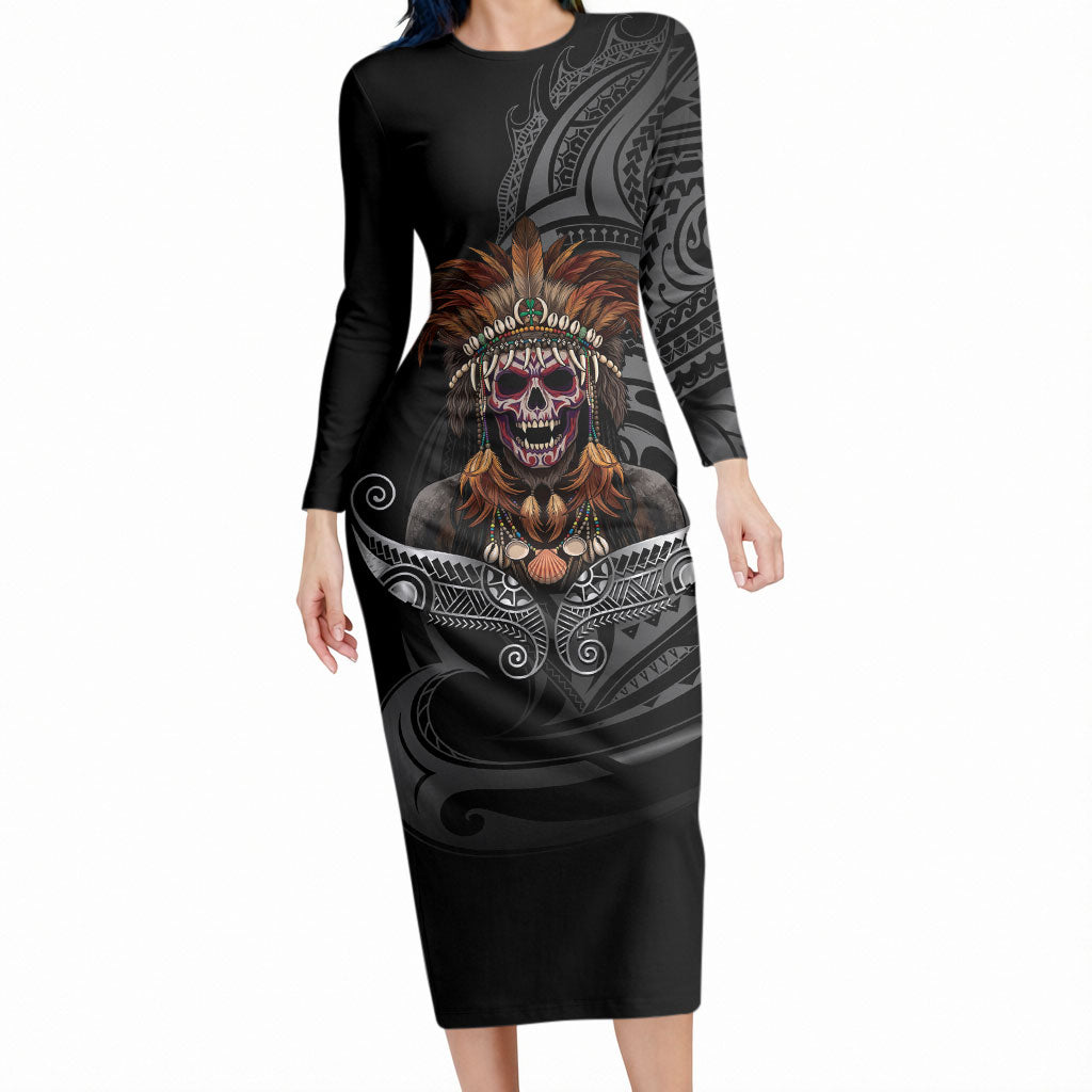 Mokomoko Tribe Eastern Highlands Province Long Sleeve Bodycon Dress Papua New Guinea Indigenous Pattern LT9 Long Dress Black - Polynesian Pride