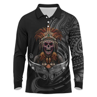 Mokomoko Tribe Eastern Highlands Province Long Sleeve Polo Shirt Papua New Guinea Indigenous Pattern LT9 Black - Polynesian Pride