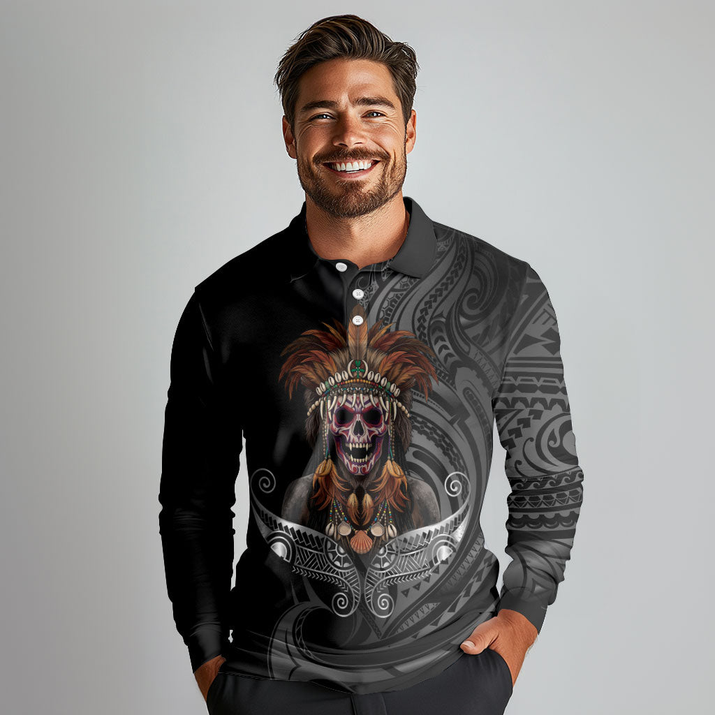 Mokomoko Tribe Eastern Highlands Province Long Sleeve Polo Shirt Papua New Guinea Indigenous Pattern LT9 - Polynesian Pride