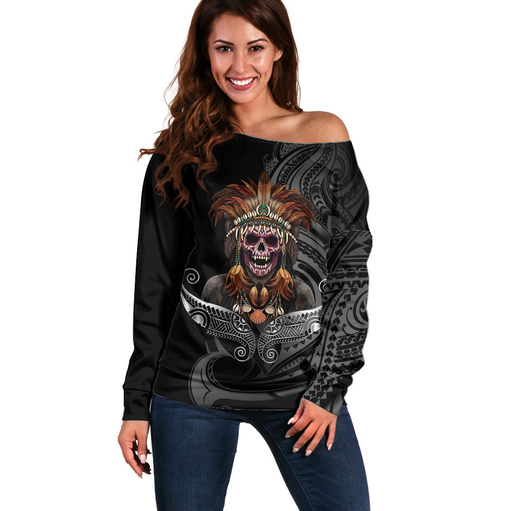 Mokomoko Tribe Eastern Highlands Province Off Shoulder Sweater Papua New Guinea Indigenous Pattern LT9 Women Black - Polynesian Pride