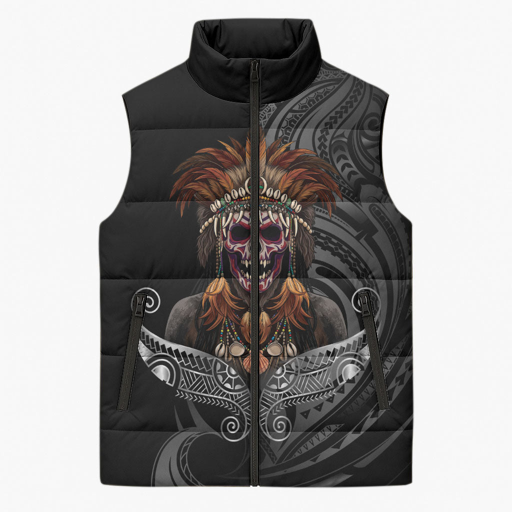 Mokomoko Tribe Eastern Highlands Province Sleeveless Puffer Jacket Papua New Guinea Indigenous Pattern LT9 Unisex Black - Polynesian Pride