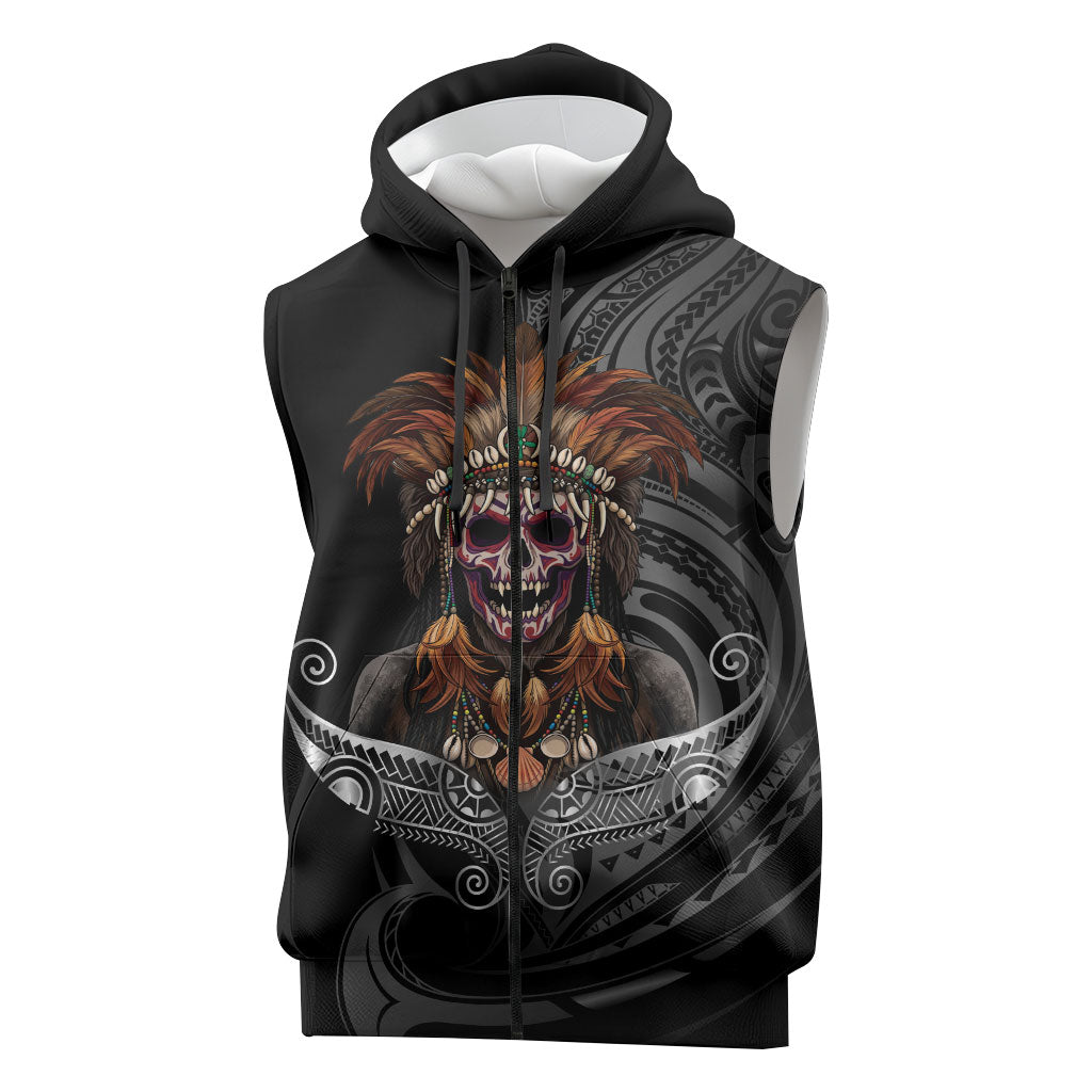 Mokomoko Tribe Eastern Highlands Province Sleeveless Zip Hoodie Papua New Guinea Indigenous Pattern LT9 Black - Polynesian Pride