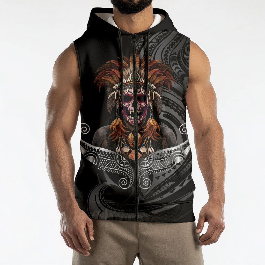 Mokomoko Tribe Eastern Highlands Province Sleeveless Zip Hoodie Papua New Guinea Indigenous Pattern LT9 - Polynesian Pride