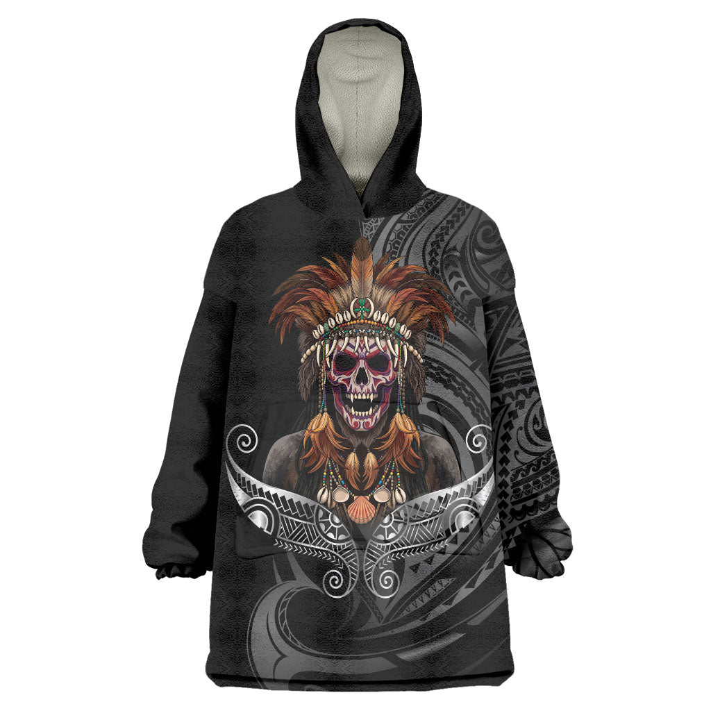 Mokomoko Tribe Eastern Highlands Province Wearable Blanket Hoodie Papua New Guinea Indigenous Pattern LT9 One Size Black - Polynesian Pride