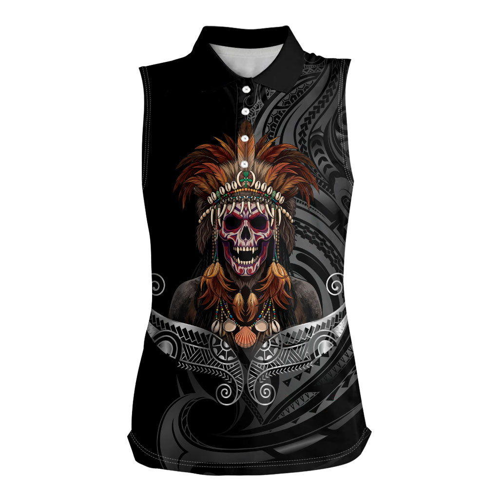 Mokomoko Tribe Eastern Highlands Province Women Sleeveless Polo Shirt Papua New Guinea Indigenous Pattern LT9 Female Black - Polynesian Pride