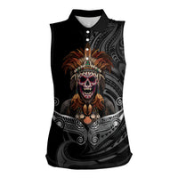 Mokomoko Tribe Eastern Highlands Province Women Sleeveless Polo Shirt Papua New Guinea Indigenous Pattern LT9 Female Black - Polynesian Pride