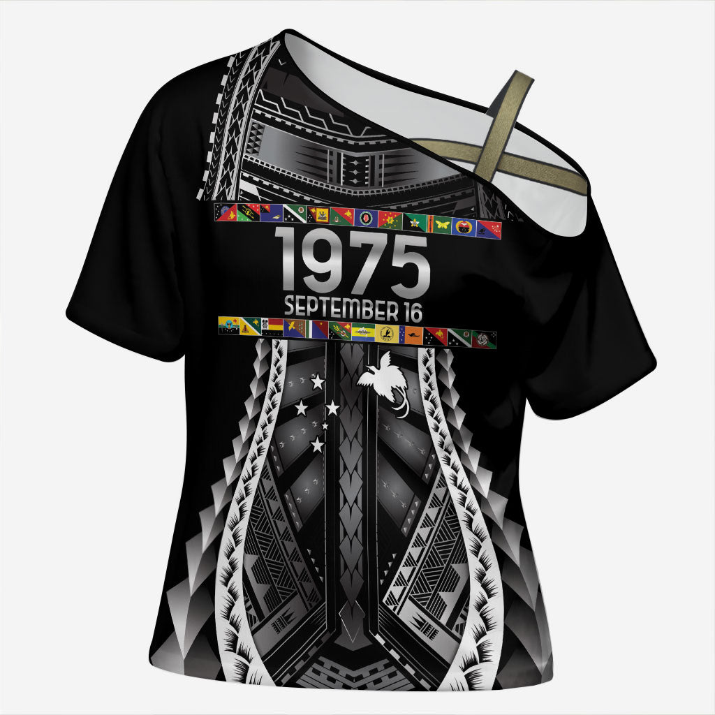 Independen Stet bilong Papua Niugini 1975 Cross Shoulder Shirt Black Tribal Papua New Guinea Province Flag LT9 Female Black - Polynesian Pride