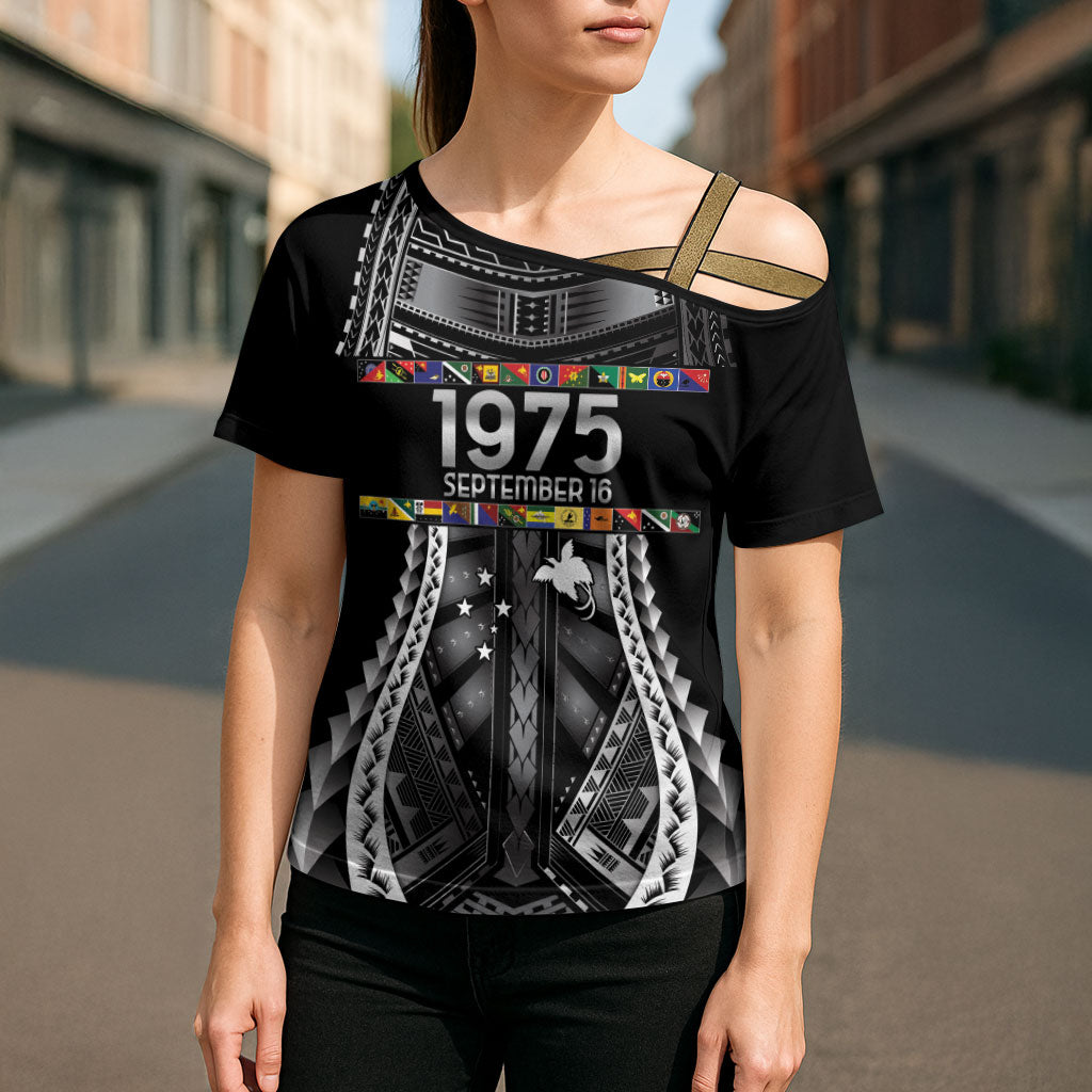 Independen Stet bilong Papua Niugini 1975 Cross Shoulder Shirt Black Tribal Papua New Guinea Province Flag LT9 - Polynesian Pride