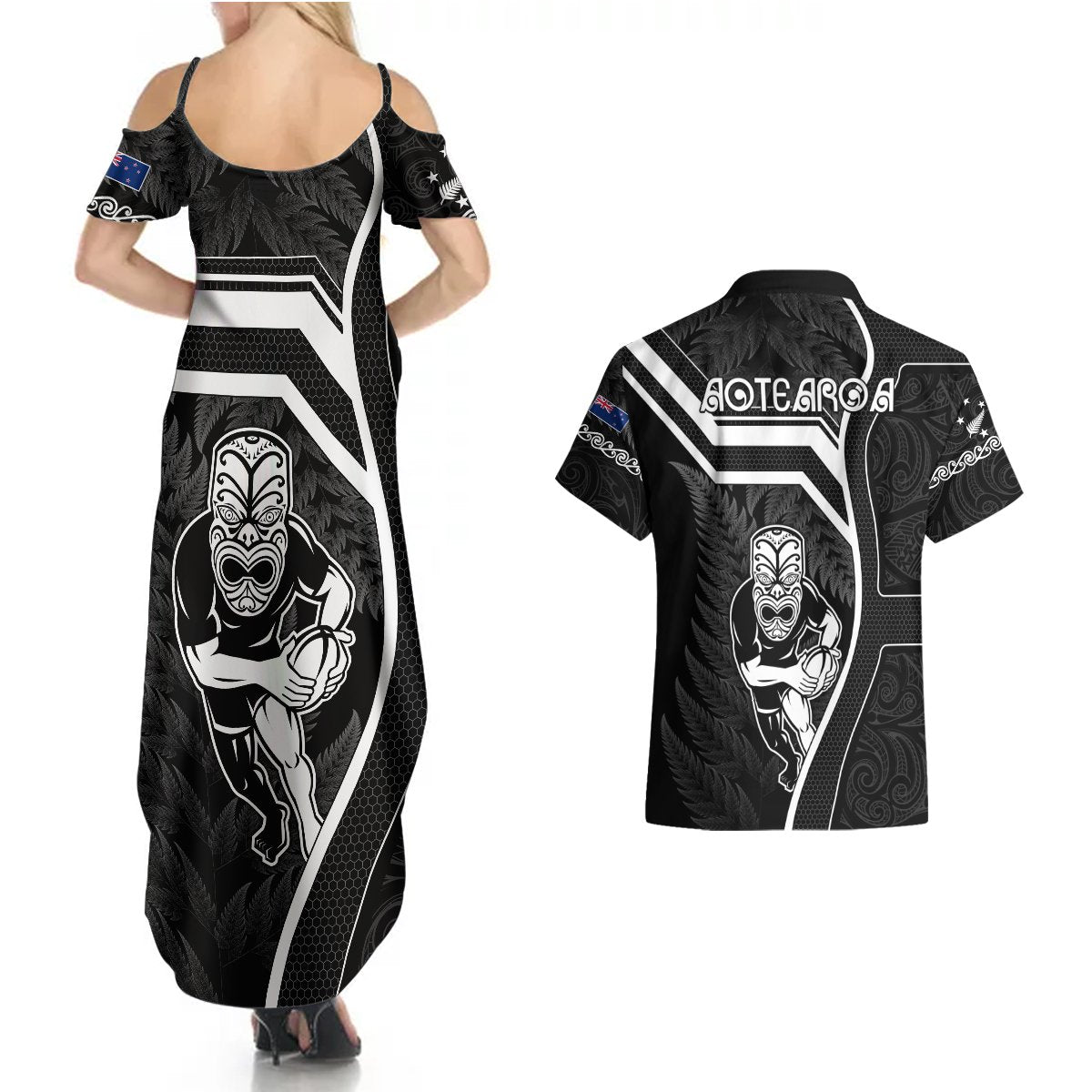 New Zealand Aotearoa Rugby Couples Matching Summer Maxi Dress and Hawaiian Shirt Black Fern Maori Tribal Sporty Style LT9 - Polynesian Pride
