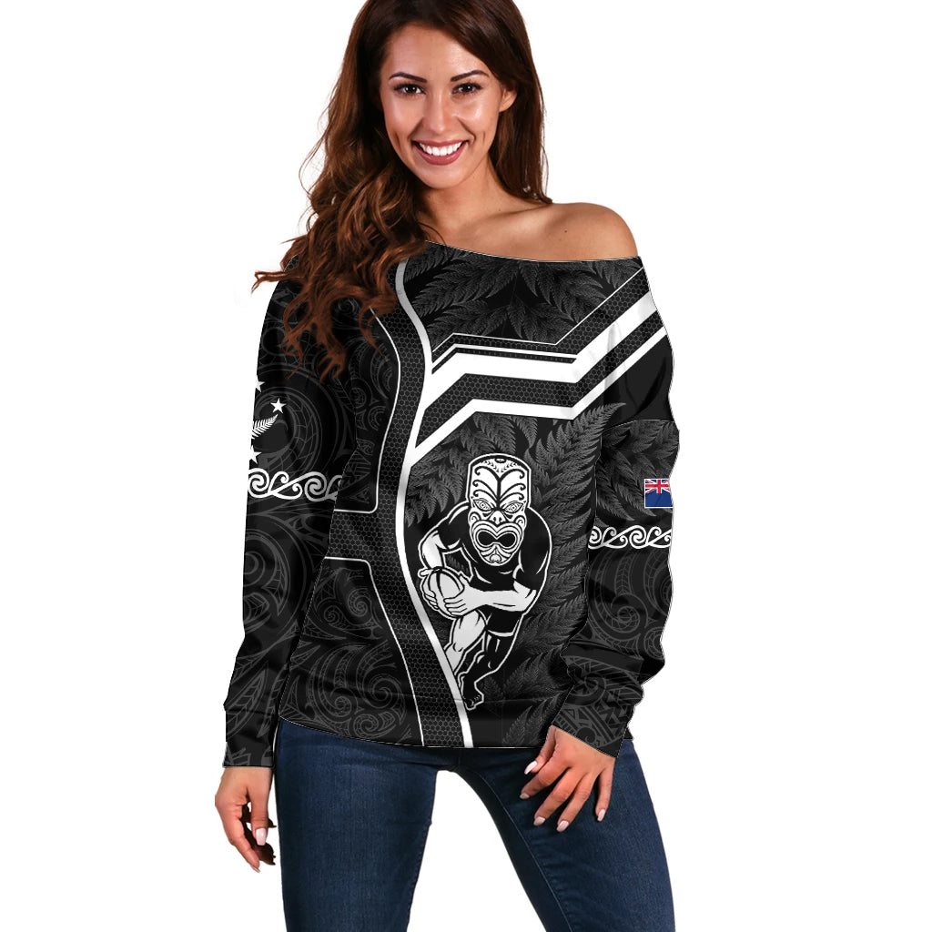 New Zealand Aotearoa Rugby Off Shoulder Sweater Black Fern Maori Tribal Sporty Style LT9 Women Black - Polynesian Pride