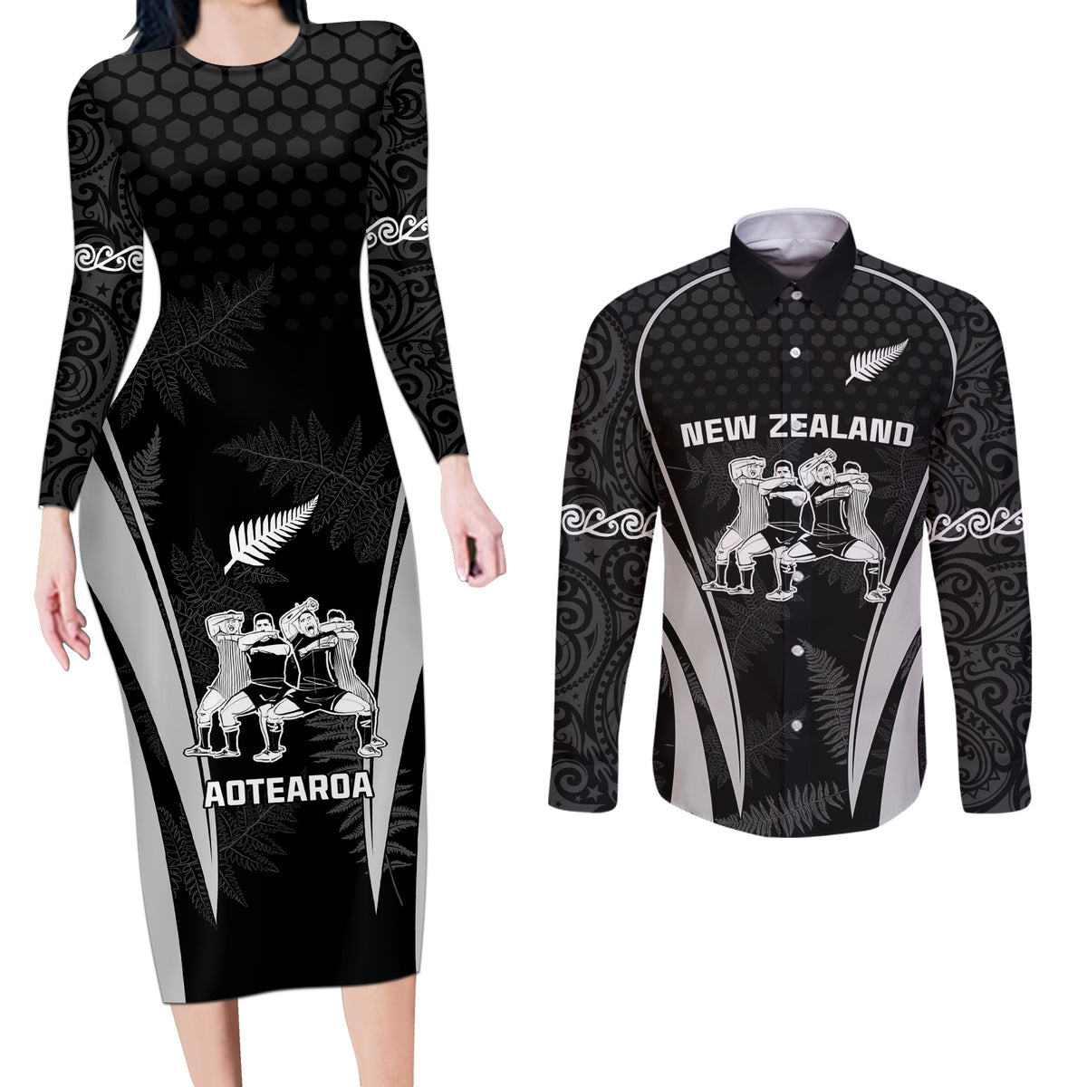 New Zealand Aotearoa Rugby Couples Matching Long Sleeve Bodycon Dress and Long Sleeve Button Shirt Haka Dance Mixed Silver Fern Sporty Style LT9 Black - Polynesian Pride