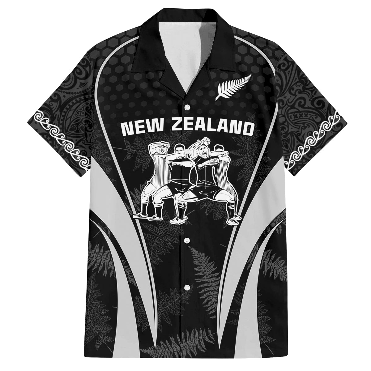 New Zealand Aotearoa Rugby Family Matching Long Sleeve Bodycon Dress and Hawaiian Shirt Haka Dance Mixed Silver Fern Sporty Style LT9 Dad's Shirt - Short Sleeve Black - Polynesian Pride