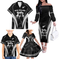 New Zealand Aotearoa Rugby Family Matching Off Shoulder Long Sleeve Dress and Hawaiian Shirt Haka Dance Mixed Silver Fern Sporty Style LT9 - Polynesian Pride