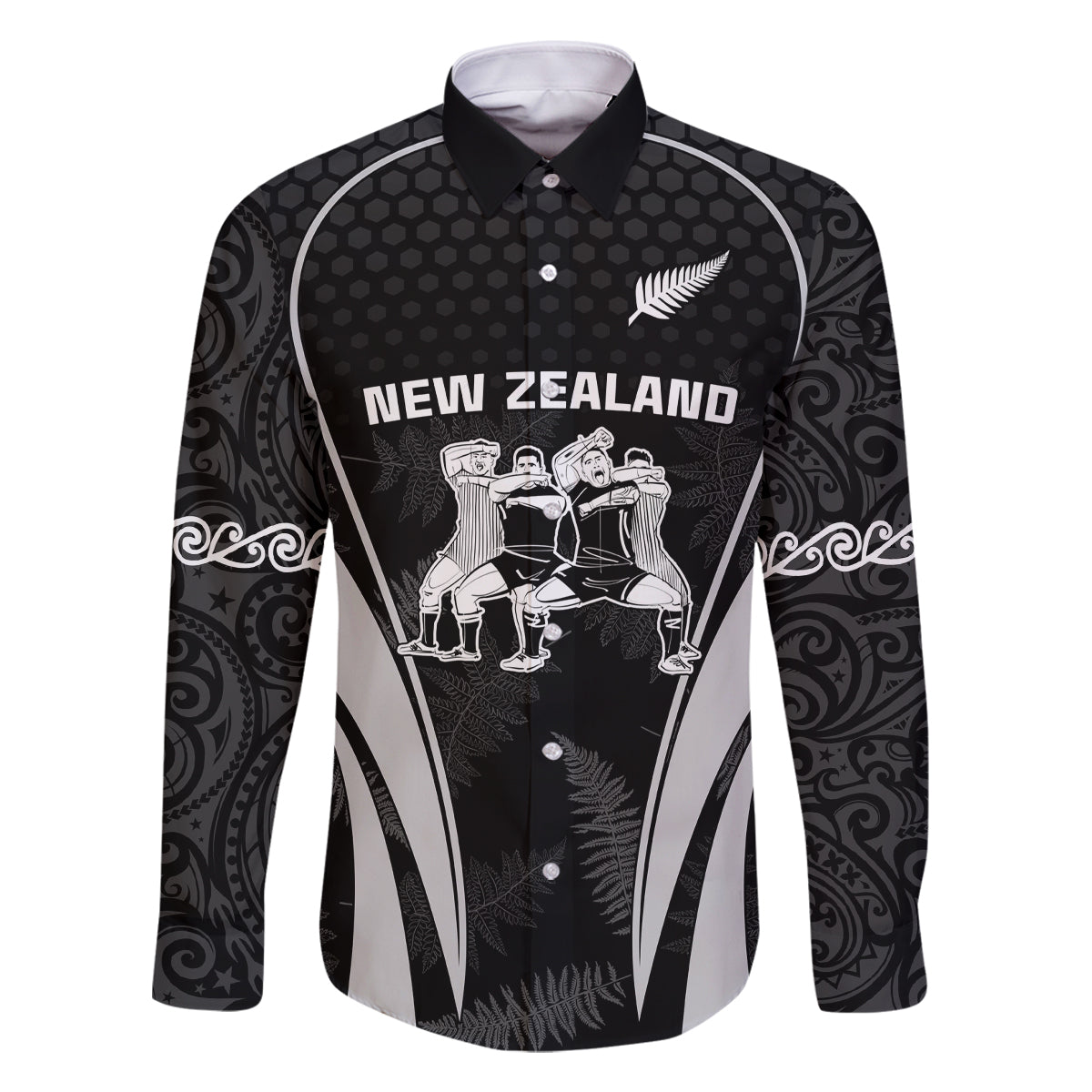 New Zealand Aotearoa Rugby Family Matching Summer Maxi Dress and Hawaiian Shirt Haka Dance Mixed Silver Fern Sporty Style LT9 Dad's Shirt - Long Sleeve Black - Polynesian Pride