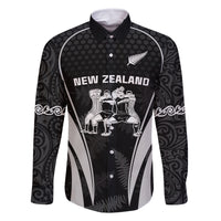 New Zealand Aotearoa Rugby Family Matching Summer Maxi Dress and Hawaiian Shirt Haka Dance Mixed Silver Fern Sporty Style LT9 Dad's Shirt - Long Sleeve Black - Polynesian Pride