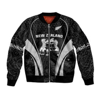 New Zealand Aotearoa Rugby Sleeve Zip Bomber Jacket Haka Dance Mixed Silver Fern Sporty Style LT9 Unisex Black - Polynesian Pride