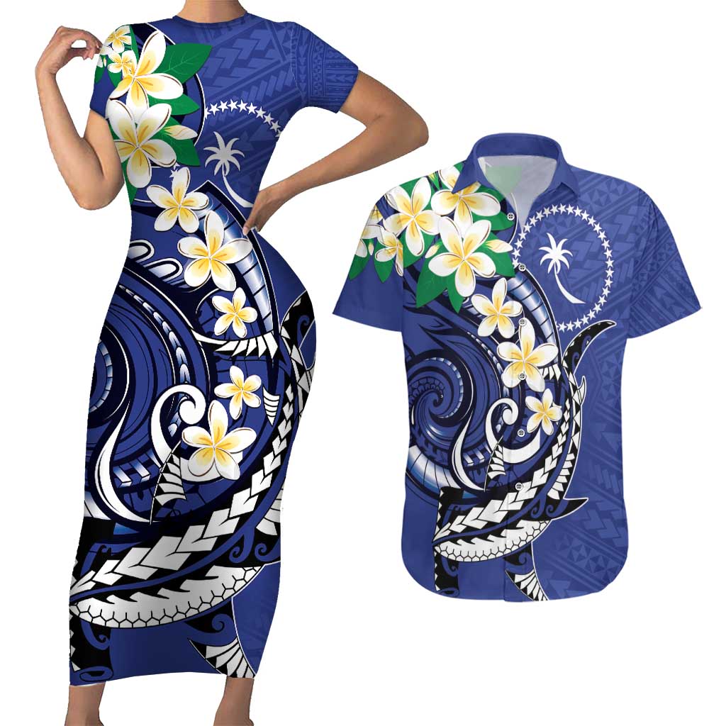 FSM Chuuk State Polynesian Shark Tattoo Personalised Couples Matching Short Sleeve Bodycon Dress and Hawaiian Shirt LT9 Blue - Polynesian Pride