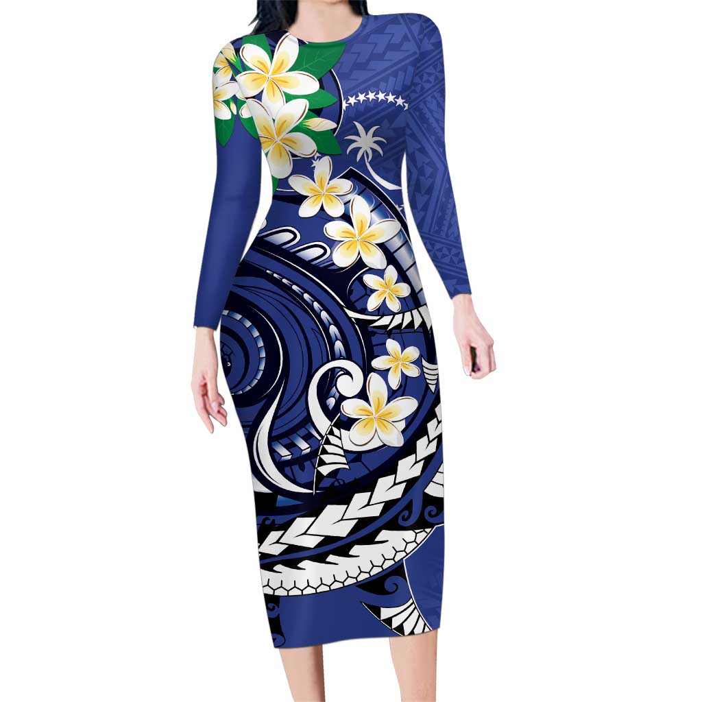 FSM Chuuk State Polynesian Shark Tattoo Personalised Family Matching Long Sleeve Bodycon Dress and Hawaiian Shirt LT9 Mom's Dress Blue - Polynesian Pride