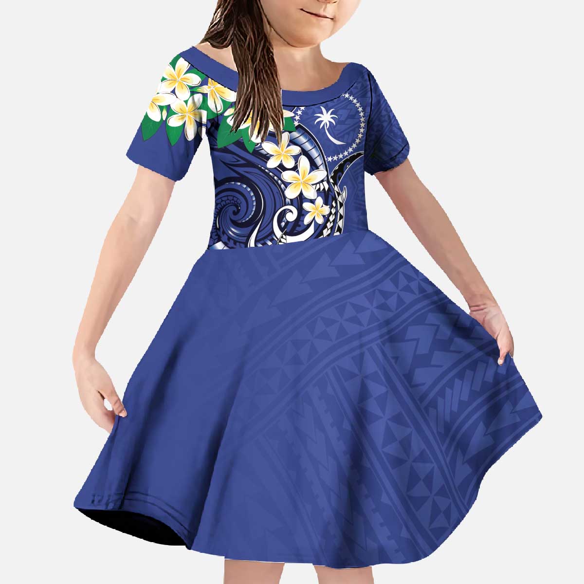 FSM Chuuk State Polynesian Shark Tattoo Personalised Family Matching Off The Shoulder Long Sleeve Dress and Hawaiian Shirt LT9 Daughter's Dress Blue - Polynesian Pride