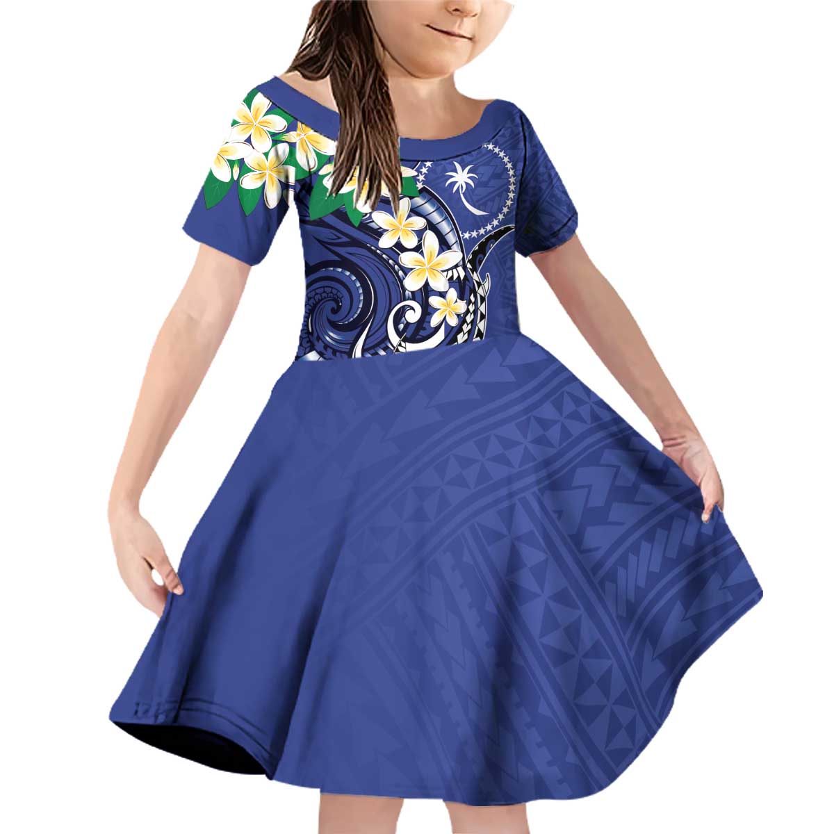 FSM Chuuk State Polynesian Shark Tattoo Personalised Family Matching Off Shoulder Short Dress and Hawaiian Shirt LT9 Daughter's Dress Blue - Polynesian Pride