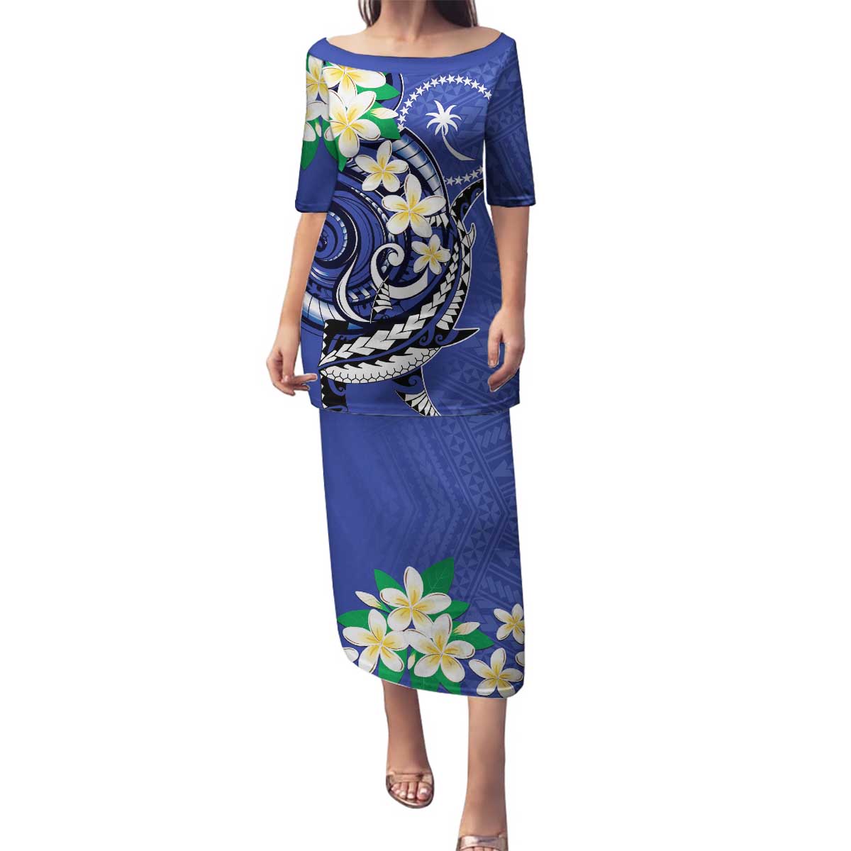 FSM Chuuk State Polynesian Shark Tattoo Personalised Family Matching Puletasi and Hawaiian Shirt LT9 Mom's Dress Blue - Polynesian Pride