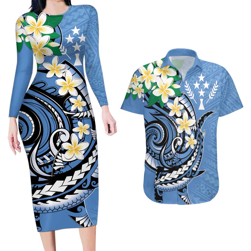FSM Kosrae Polynesian Shark Tattoo Personalised Couples Matching Long Sleeve Bodycon Dress and Hawaiian Shirt LT9 Blue - Polynesian Pride