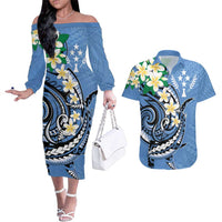 FSM Kosrae Polynesian Shark Tattoo Personalised Couples Matching Off The Shoulder Long Sleeve Dress and Hawaiian Shirt LT9 Blue - Polynesian Pride
