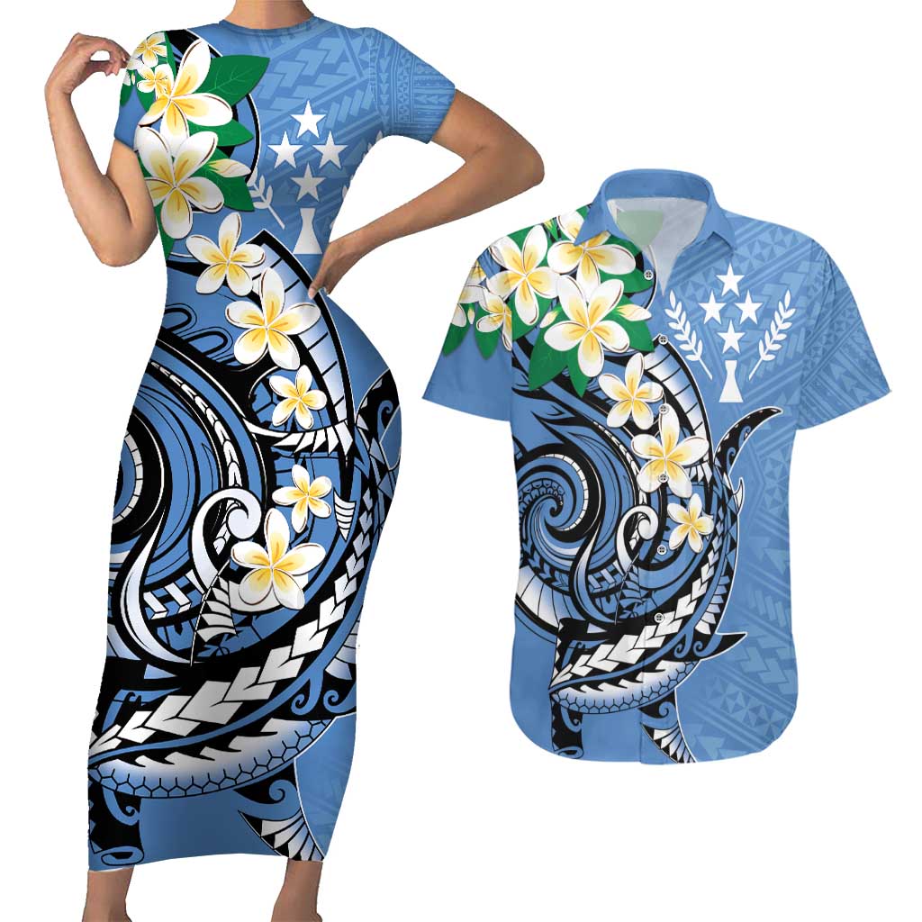 FSM Kosrae Polynesian Shark Tattoo Personalised Couples Matching Short Sleeve Bodycon Dress and Hawaiian Shirt LT9 Blue - Polynesian Pride