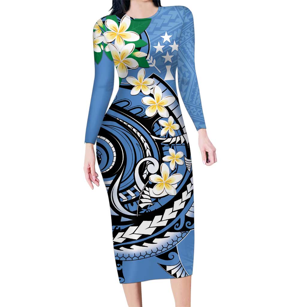 FSM Kosrae Polynesian Shark Tattoo Personalised Family Matching Long Sleeve Bodycon Dress and Hawaiian Shirt LT9 Mom's Dress Blue - Polynesian Pride
