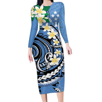 FSM Kosrae Polynesian Shark Tattoo Personalised Family Matching Long Sleeve Bodycon Dress and Hawaiian Shirt LT9 Mom's Dress Blue - Polynesian Pride